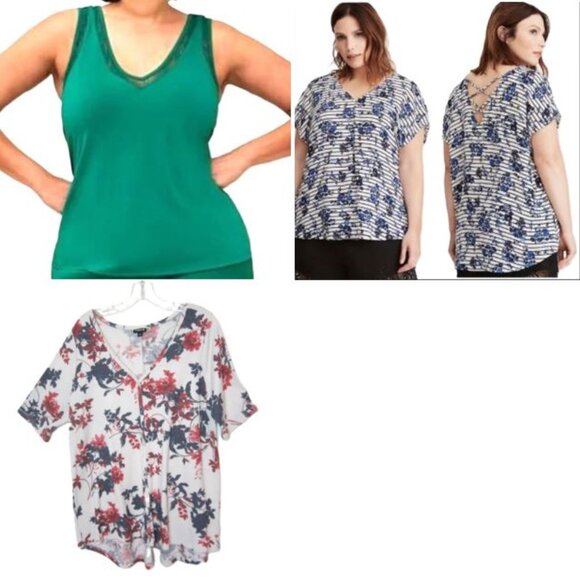 Torrid Lot of 3 Tops 2 2X 18 20 Blue Red Floral Green Solid Tank Tunic Blouse - Picture 1 of 16
